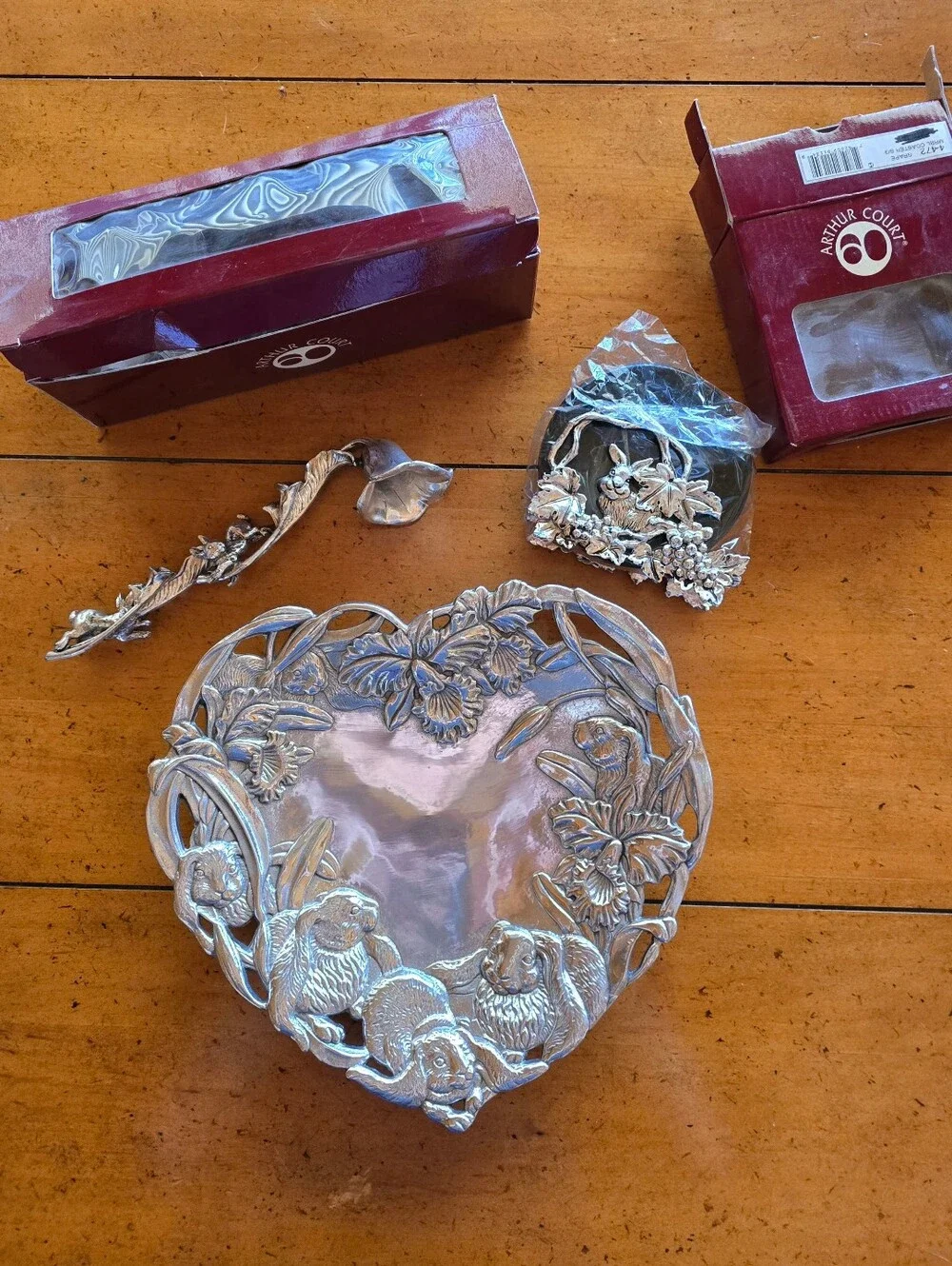 Vintage 1990s New Arthur Court Pewter Rabbit Theme Bowl, Coaster & Candle Snuff
